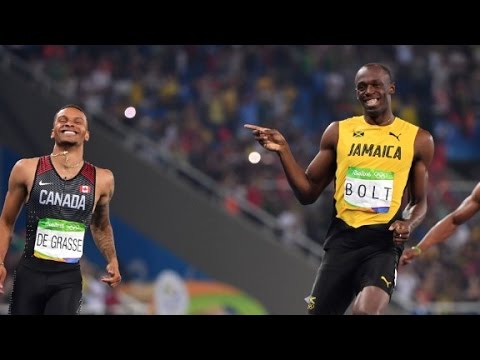 usain bolt cracks joke crossing finish line