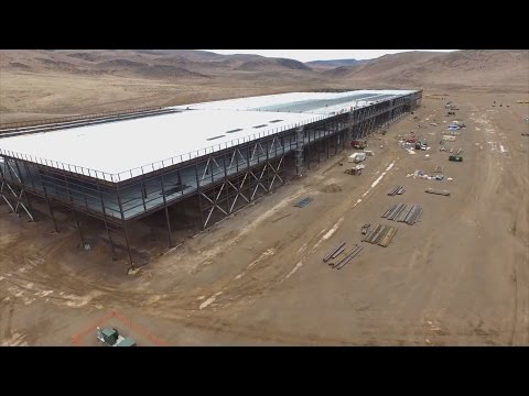 drones eye view of massive battery factory