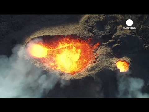 la reunion volcano and spits bubbling molten lava